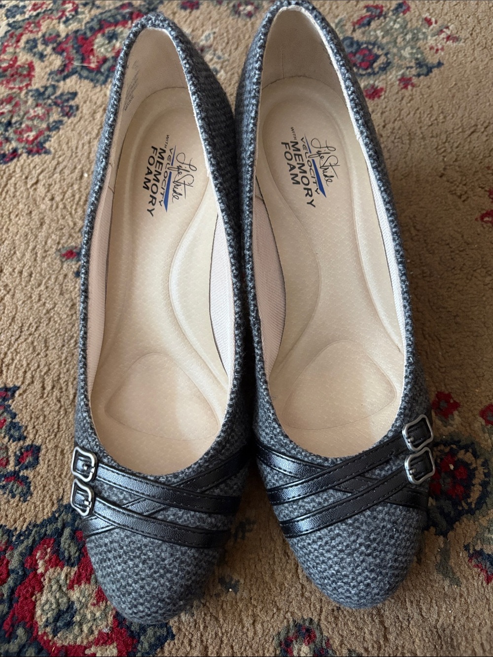 Life Stride Gray Tweed heels with Black Strap Accents